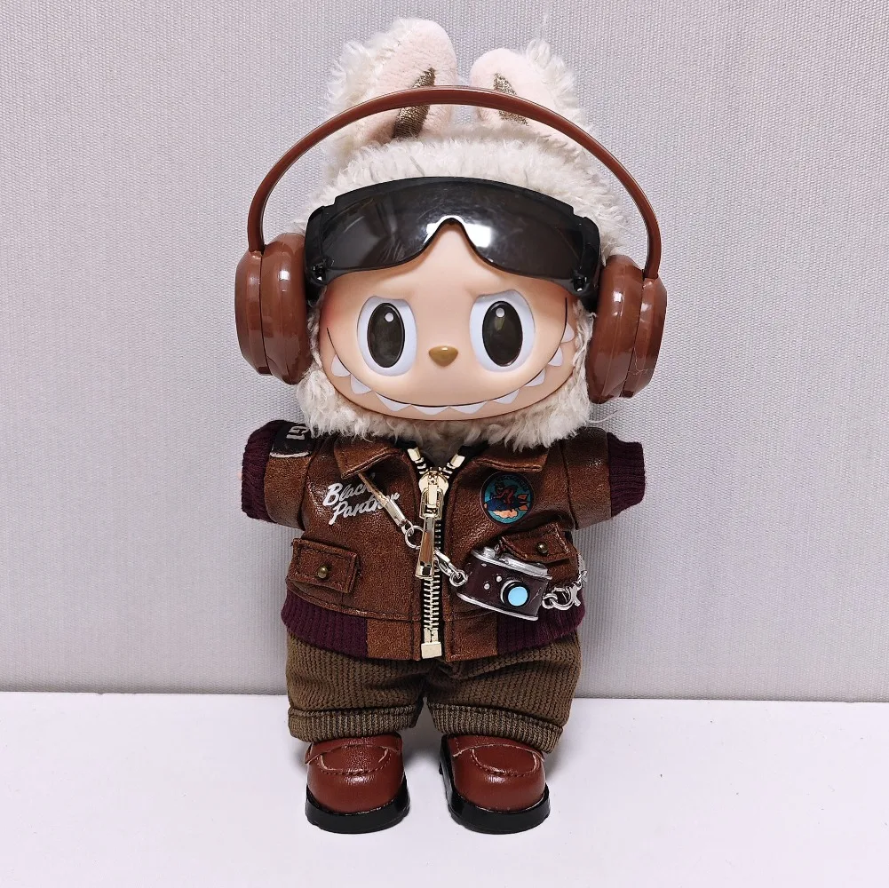 

Labubu Retro Pilot Outfit Vintage Leather Jacket Aviator Headset Camera for 15/17cm 1st/2nd/3rd Gen Dolls