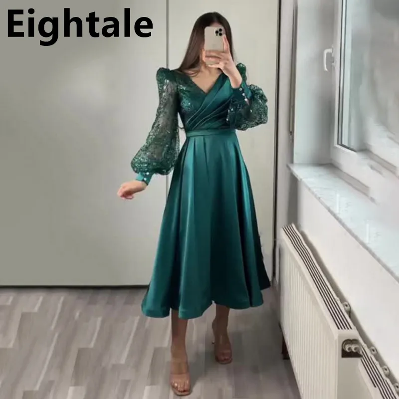 Eightale Emerald Green Tea Length Glitter Evening Dress For Wedding Party 2022 Long Puff Sleeve Dubai Women Formal Party Gown