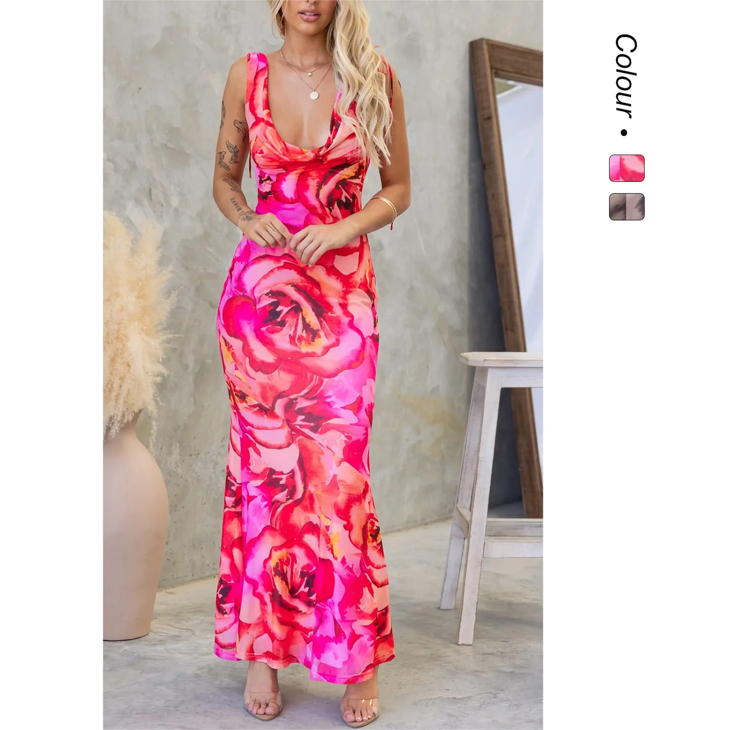 2025 verão novo elegante floral com decote em v sem costas vestido de gravata 68769
