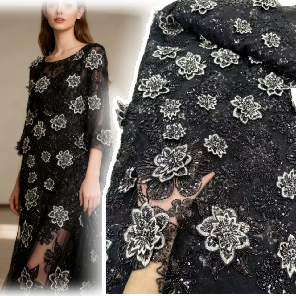 

Роскошные 3D кружевные бусины в африканском стиле, высокое качество, 5 ярдов, ткань ручной работы с блестками, Нигерия для вечернего платья CC1800