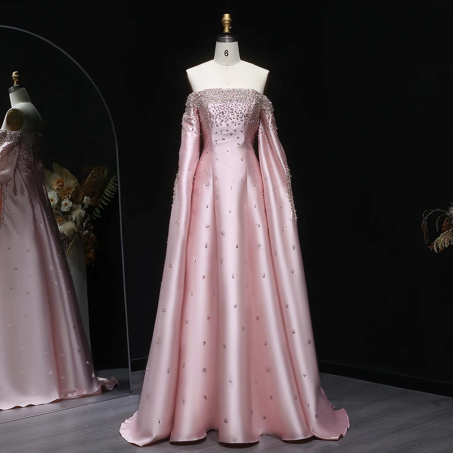 Sharon Said Elegant Off Shoulder Gray Arabic Evening Dress with Cape Sleeve Luxury Dubai for Women Wedding Party SS575 Custom image 4