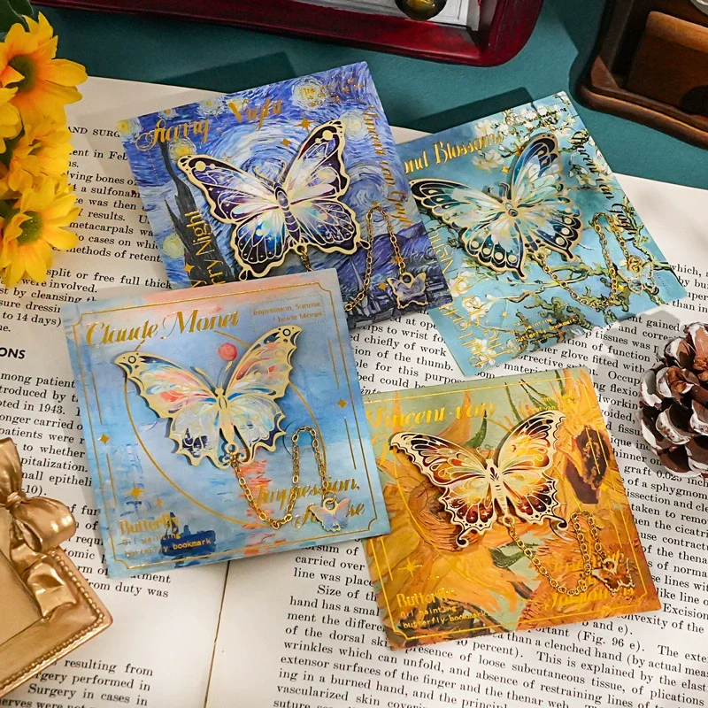 Vintage Monet Van Gogh Oil Painting Gold-Stamped Butterfly Metal Bookmark Butterfly Pendant Hanging Ornament Bookmark Gift