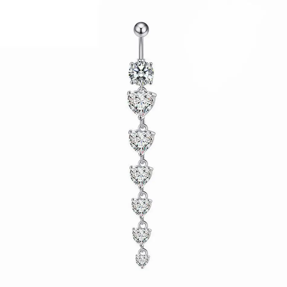 Silver Color Long Pendant Drop Navel Ring With CZ Heart 6-16mm Medical Titanium Curved Barbell 14G Belly Button Piercing Jewelry view 3
