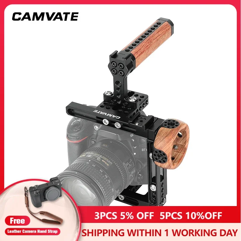 

CAMVATE Universal Camera Cage Rig with Top and Side Wooden Handle & Shoe Mount Adapter & Adjustable Sliding Bars For DSLRs