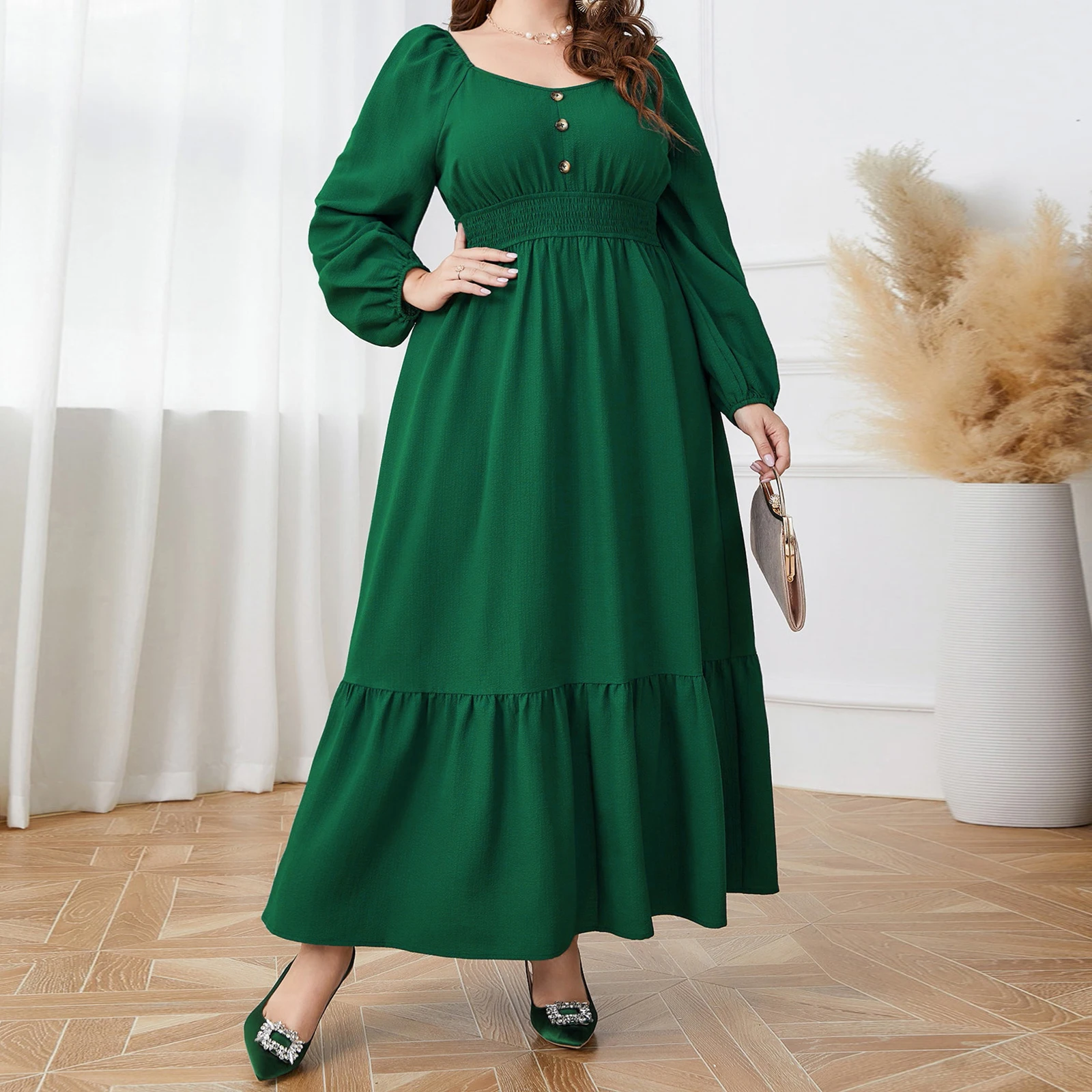 2025 Vroege herfst dames midi-jurk met V-hals, lange mouwen, effen kleur, knoopsluiting aan de voorkant, grote maten, vloeiende jurken