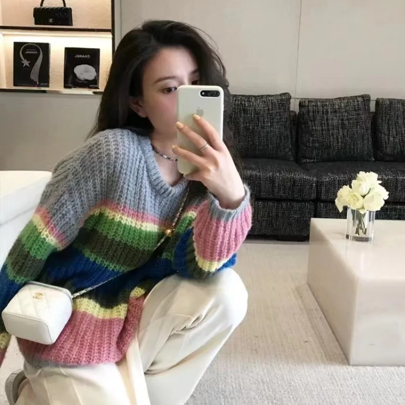 니트웨어 캐주얼 O넥 니트 스웨터 여성 풀오버 신상 긴팔 스트라이프 니트 스웨터 풀오버 여성 탑스 스웨터 Q2570