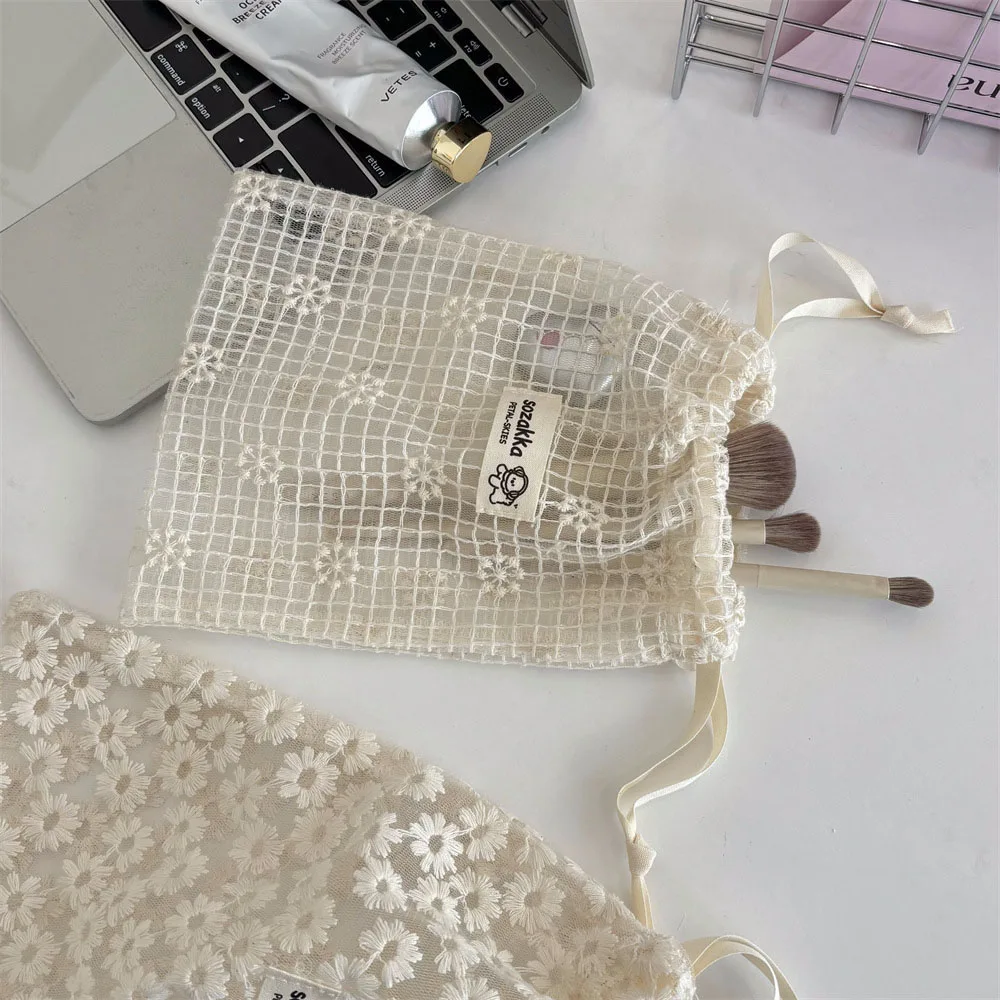 Lace Embroidered Daisy Mesh Drawstring Makeup Bag Summer Travel Toiletry Underwear Socks Organizer Storage Pouch for Accessories view 6