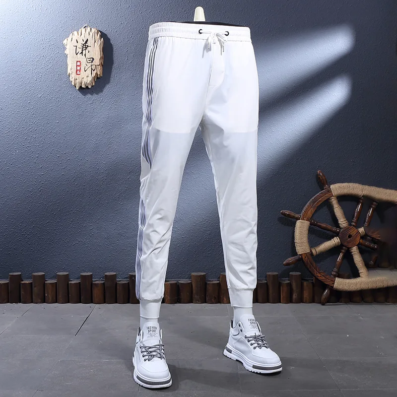 Summer thin breathable fashionable trend light luxury striped printed casual pants men's elastic slim fit sports pants
