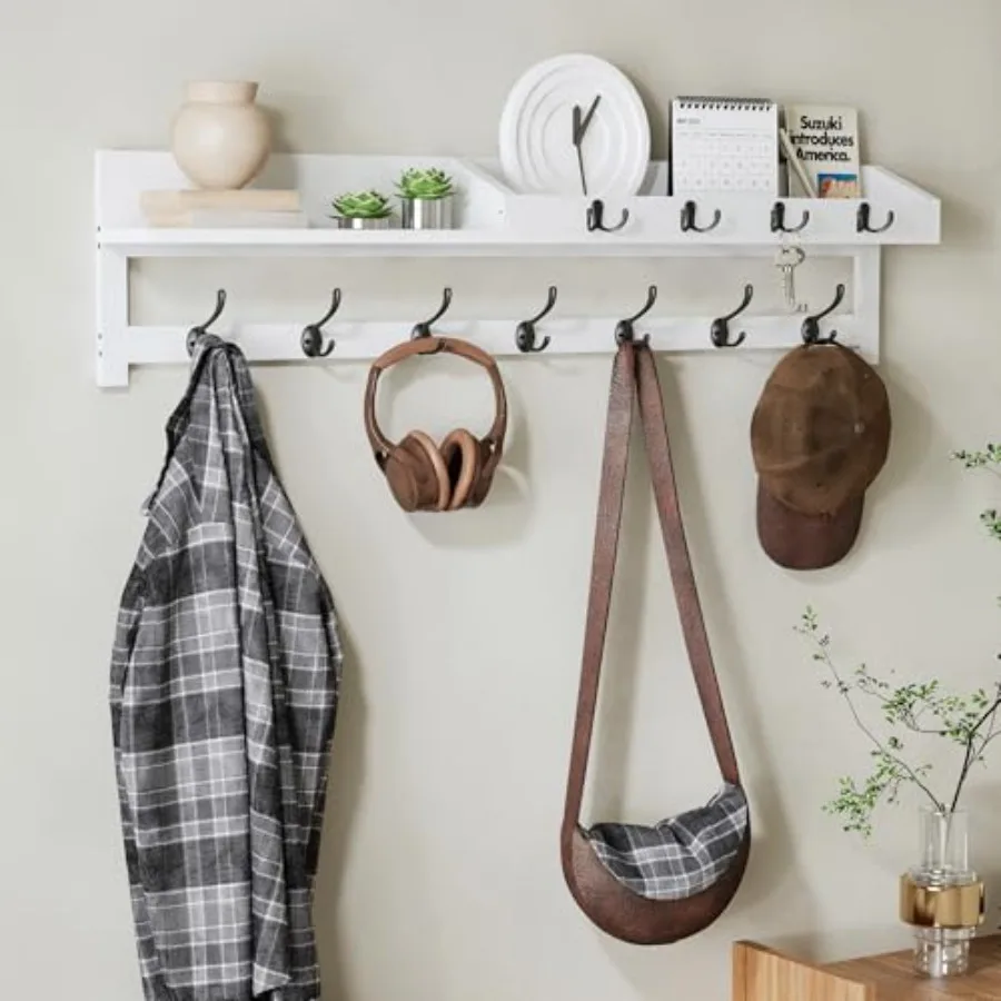 

35 inch Coat Rack Wall Mount Extra Long Coat Hooks Wall Mount Entryway Shelf with 7 Dual Coat Hooks 4 Key Hooks Mail Organizer