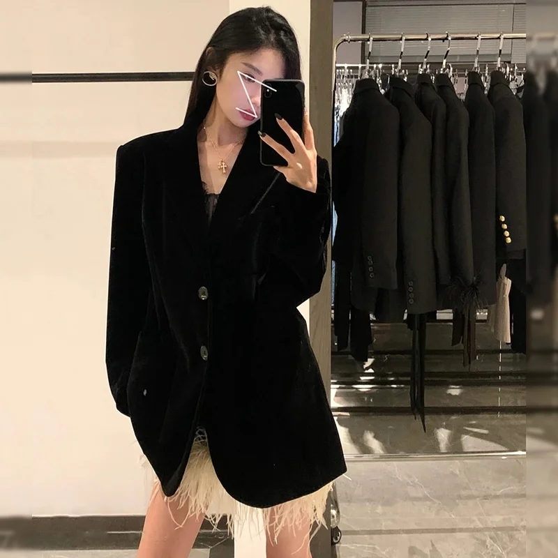 Retro Velvet Single-Button Suit Jacket Loose Slimming Long Design Commute Style Pure Color Fabric Autumn Winter Women's Fashion
