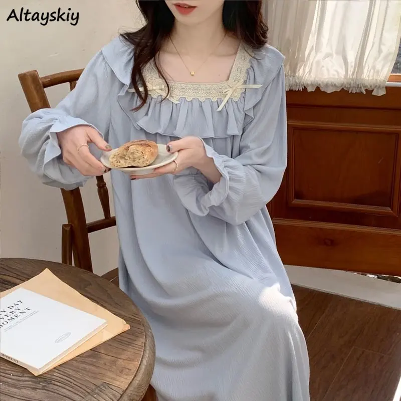 

Ruffles Nightgowns Women Sweet Casual Ladies Square Collar Temperament Elegant Spring Fashion Popular Solid Loose Long Sleeve