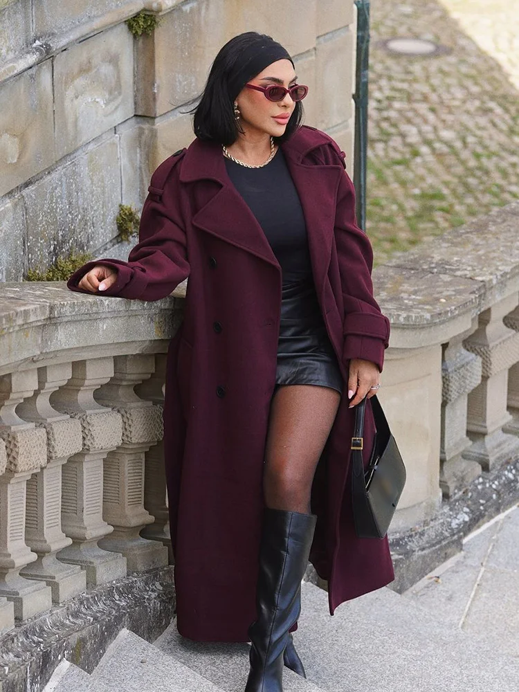 Winter Women's Elegant Burgundy Blend Maxi Long Pea Coat Fashion Double-breasted Lapel Jacket Female Chic Trench Coat with Belt