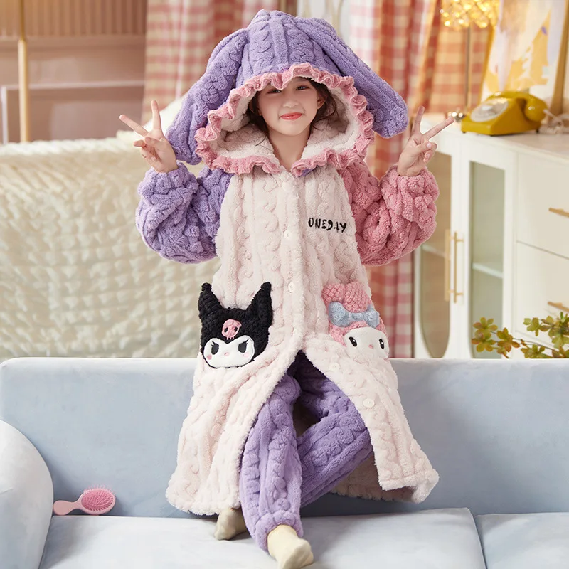 

Anime MyMelody Kuromi Sanrio Plush Pajama Dress Kawaii New Cute Winter Thickened Warm Student Homelike Set Birthday Girl Gift