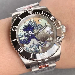 Tandorio 40mm NH35 Automatic Men Wristwatch SUB Brushed Case Full Luminous Kanagawa Dial Multi-color Bezel 316L Jubilee Band