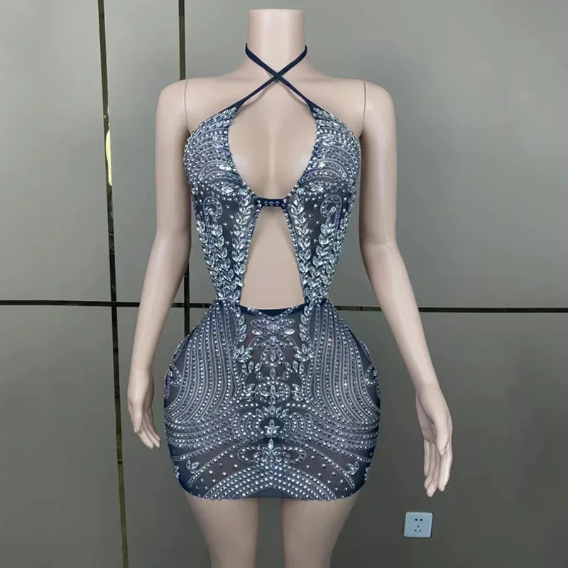 Full Shiny Rhinestones Cutout Mini Party Dresses Women Singer Celebrate Dress Costumes Festival Outfit Stage Performance Wear