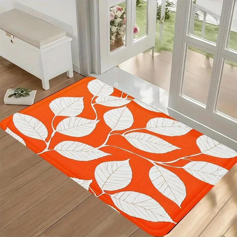 

1PC White leaves art pattern design Door Mats Kitchen Rugs Non-Slip Bathroom Rugs Bath Mat Carpet for Home Sink Laundry Decor