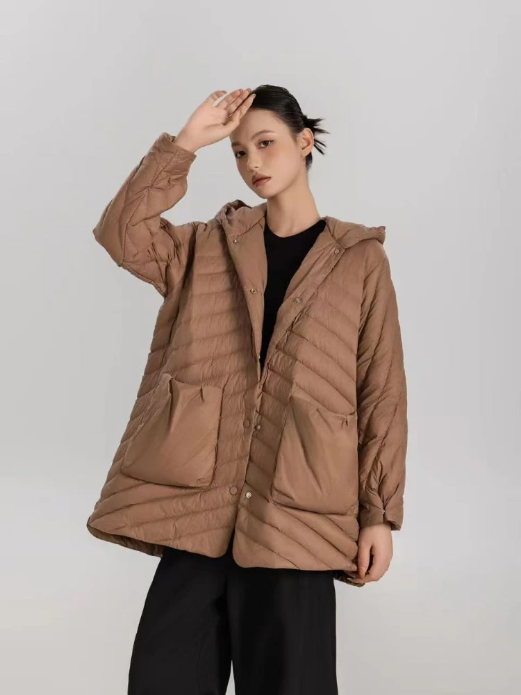 2025年冬 超軽量 パフジャケット レディース 90% ホワイトダックダウン コート ルーズ フード付き カジュアル パーカー 防風 ベーシック アウター