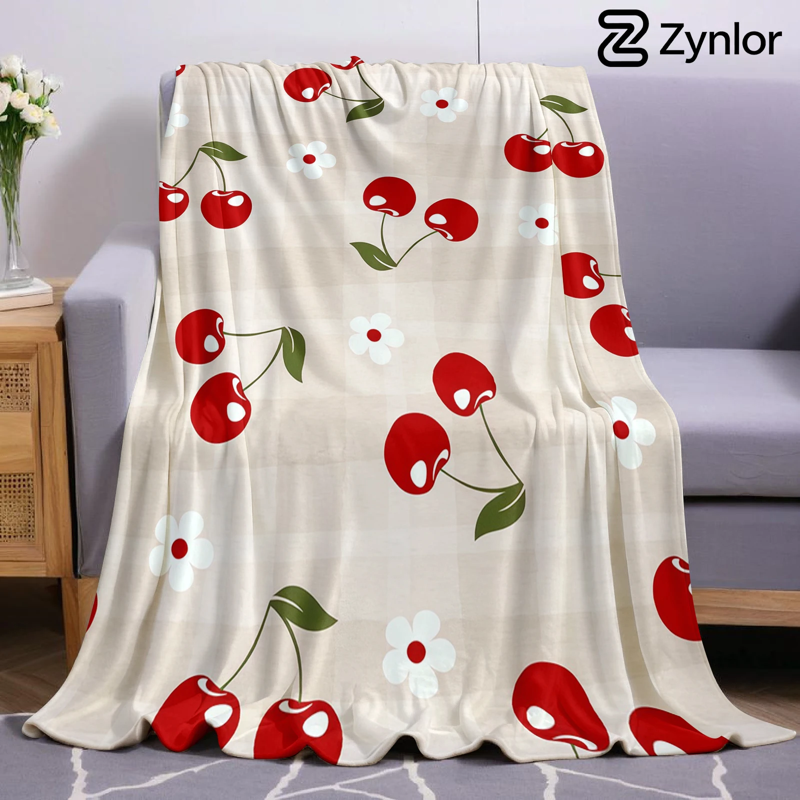Gingham Cherry Daisy Cartoon Anime Print Flannel Blanket Soft Warm Throw for Kids Bedroom Sofa Bed Christmas Office Car