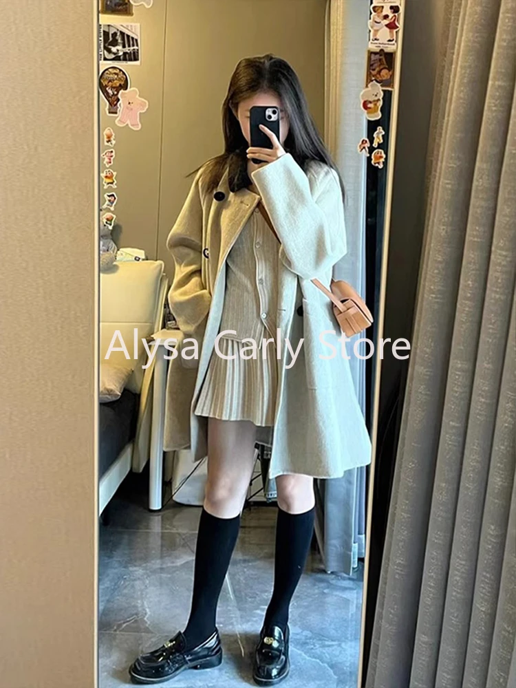 2023 Winter Korean Woollen Coat Women Preppy Style Pockets Chic Japanese Sweet Jacket Female Double Breasted Fashion Warm Coats