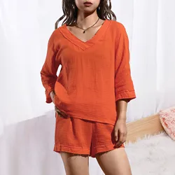 Conjunto de calções de perna larga e musselina manga curta feminina, agasalho casual, decote em v sexy, elegante, 100% algodão, 2 peças