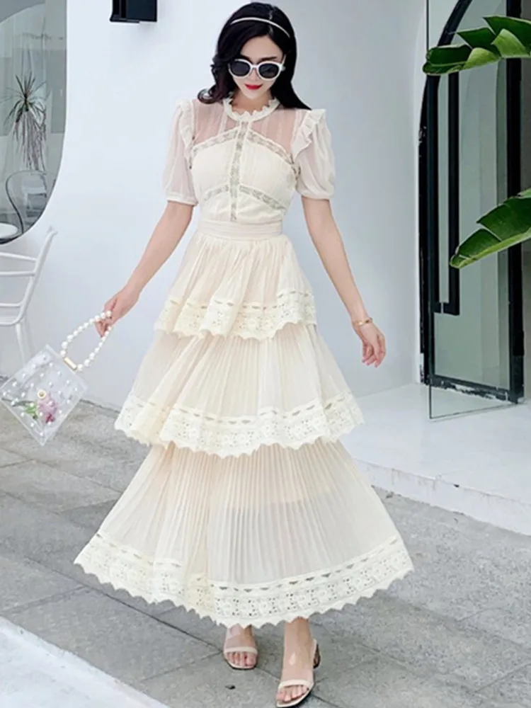 

Pastries Dresses 2023 Arrival Beige Lace Long Dress High Qulity Luxury Design Runway Short Sleeve Ruffle Summer Dresses Vestidos