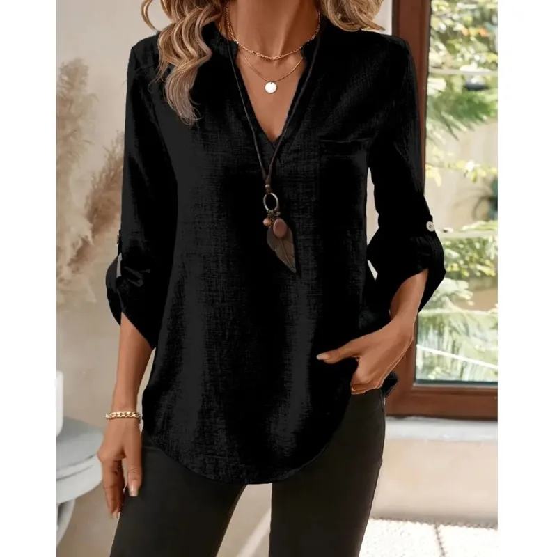 Spring Autumn V-Neck Cuff Buckle Top Women's Casual Fashion Pocket Long Sleeve Solid Color Vintage Elegant Top