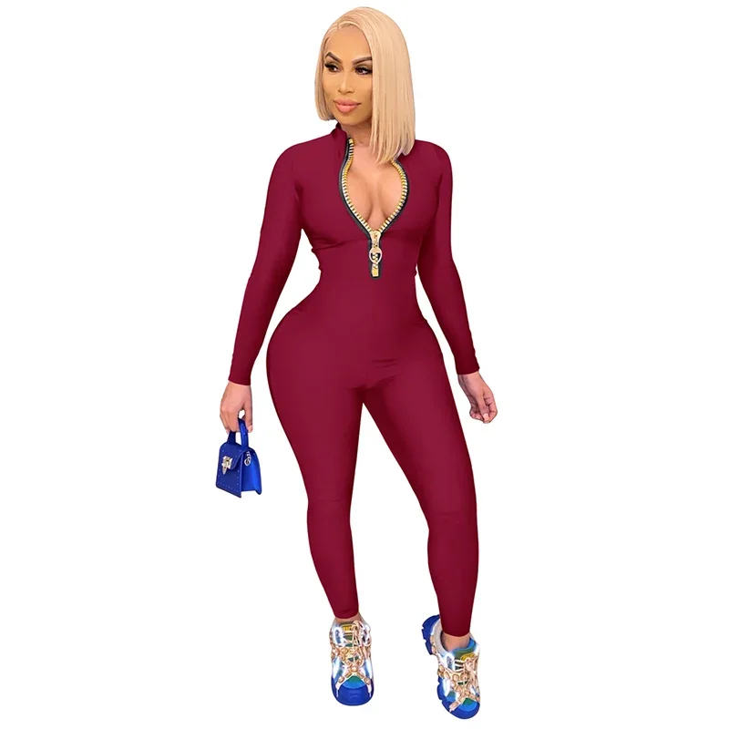 Gold Zipper Stand-up Collar Women Jumpsuit Solid Color Sportswear Casual Slim Rompers Female Stretch Pencil Pants Chic Bodysuit