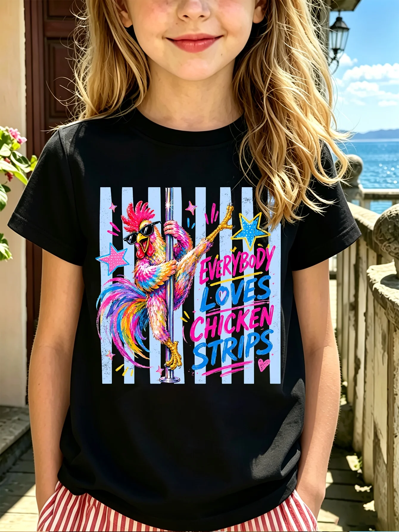 Boys Girls Family Matching Tee Humorous Dancing Chicken Cartoon Art Print Short Sleeve Soft Cotton Kids Daily Outdoor Outfit