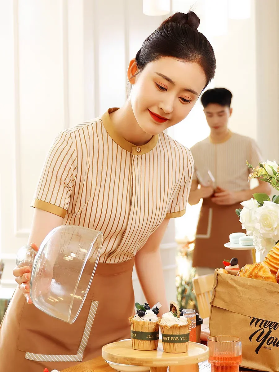 Milk Tea Shop Work Clothes Custom Women's Fast Food Restaurant Baking Uniform Catering Waiter Short Sleeve Summer Uniform Shirt
