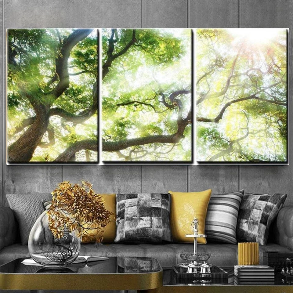 Diamond Painting 3 Pieces Green Big Tree With Sunlight full diamond embroidery Triptych Scenery Decor Living Room 2023 YG4332