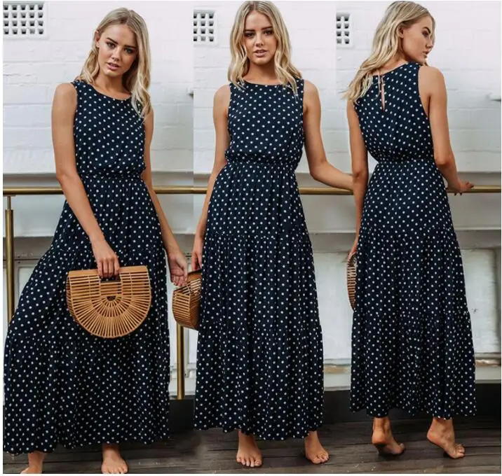 Women Polka Dot Dress Summer Women Sleeveless O-neck Elegant Casual Boho Midi Dress Vintage Party Dresses