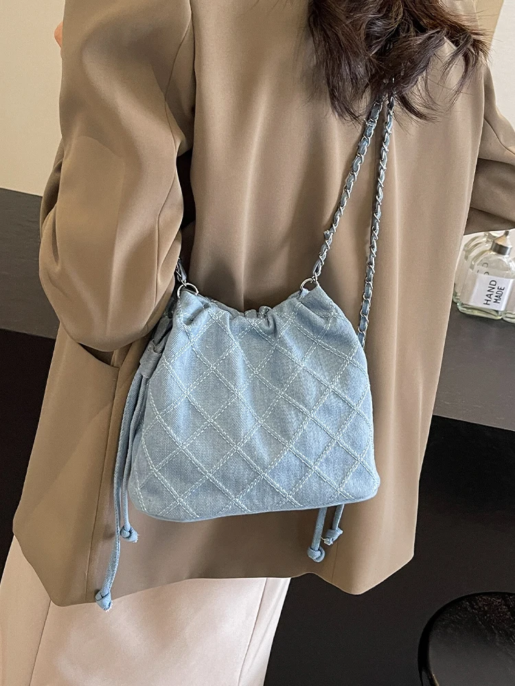 Denim Bucket Shoudler Crossbody Bag for Women Casual Tote Handbag and Purses 2024 New Trendy Clutches Lady‘s Messenger Bag