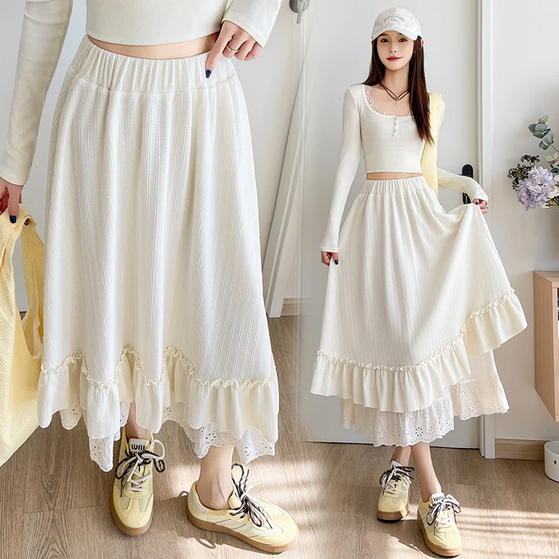 Vrouwen Rok Koreaanse Stijl Zoete Splicing Ruche Rand Halve Rok Hoge Taille Losse A-lijn Veelzijdige Herfst Nieuwe Mode