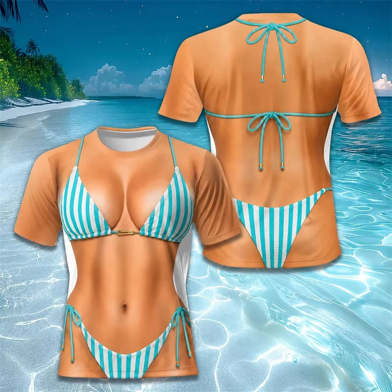 Hot Fake Body Bikini 3D Costume T-Shirts For Men Women Fashion Funny Stripe Design Novelty Personality Party Tops Men's Clothing