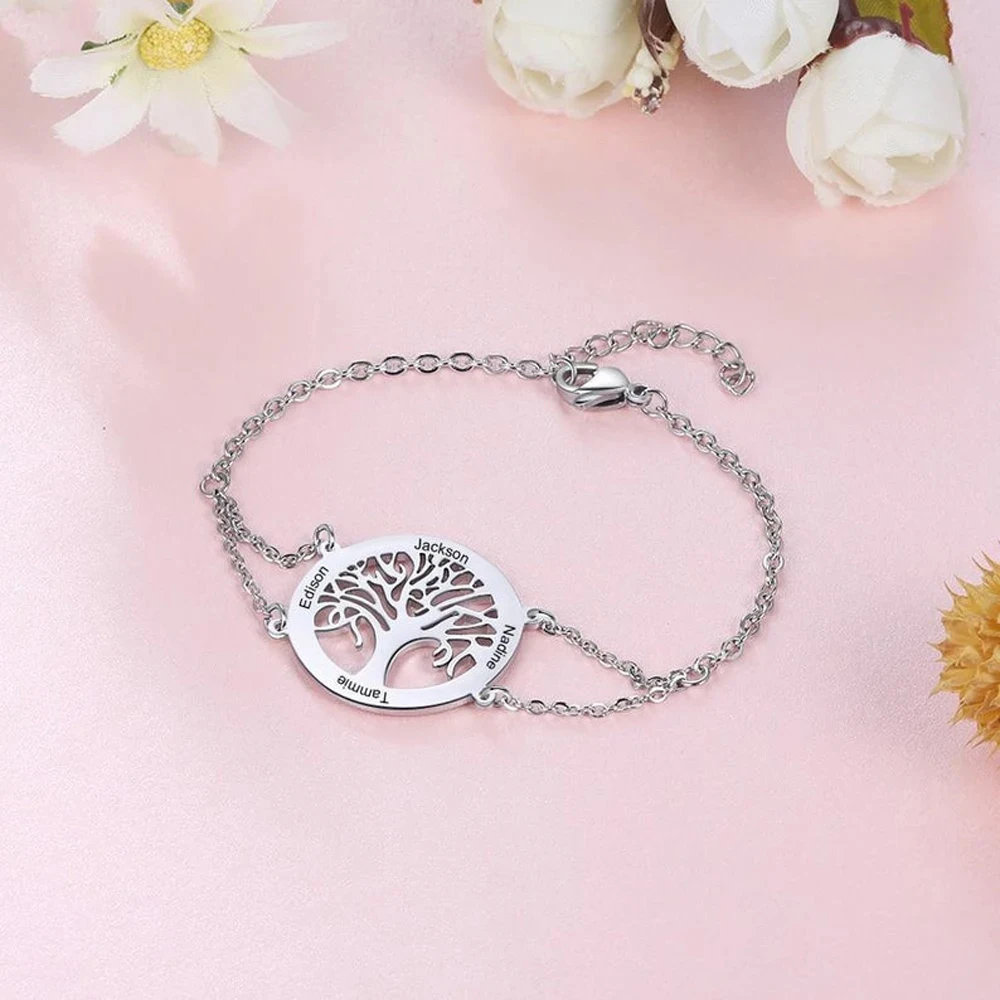 

Customized Name Tree of Life Personalized Bracelet Family Member Name Couple Carved Gold Stainless Steel Adjustable Bracelet