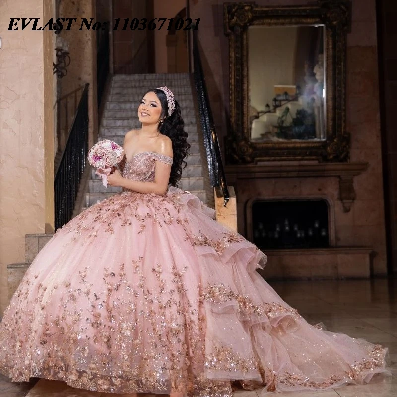 EVLAST Maßgeschneidertes rosa Quinceanera-Kleid, Ballkleid, Pailletten, Applikation, Perlen, Kristall, abgestuft, Sweet 16, Vestidos De XV 15 Anos SQ71