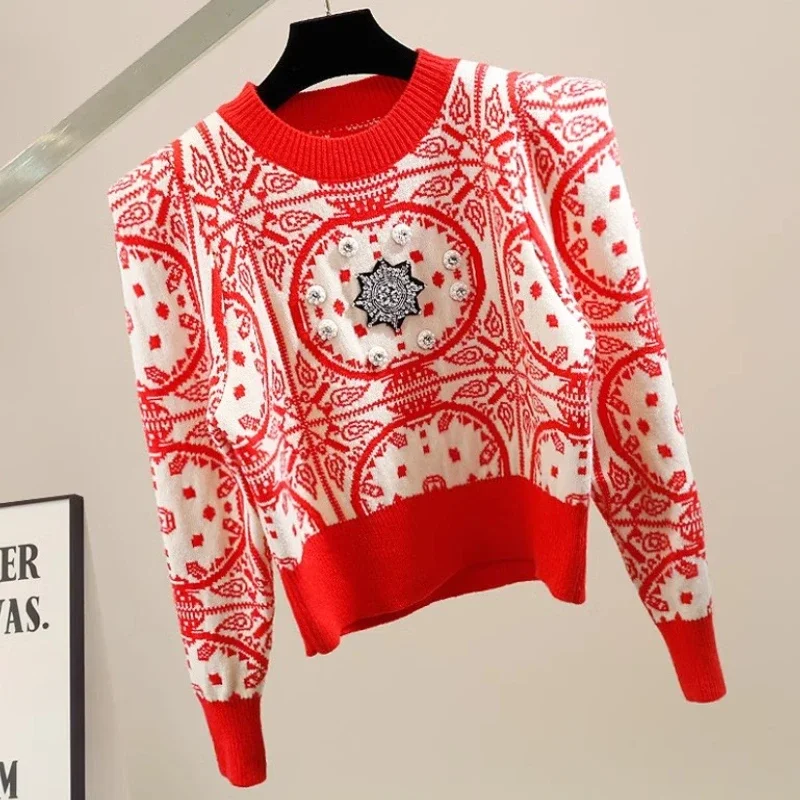 Autumn Winter New Ethnic Style Heavy Industry Handmade Beaded and Diamond Sweater Design Christmas Party Red Casual Elegant Top