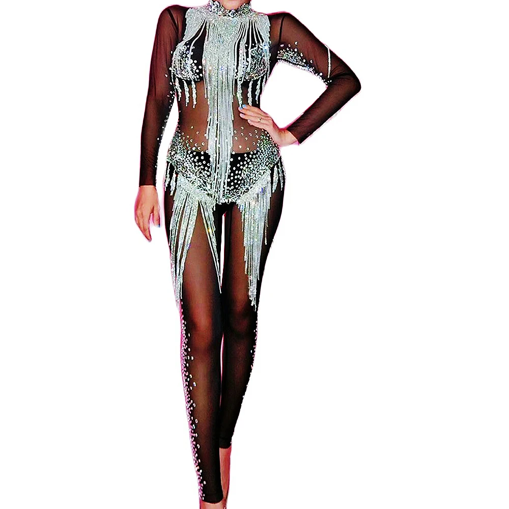 Stretch Skinny Pole Dancing Jumpsuits Nightclub Singer Performance Stage Wear Shining Diamond Silver Fringe Evening Prom Costume