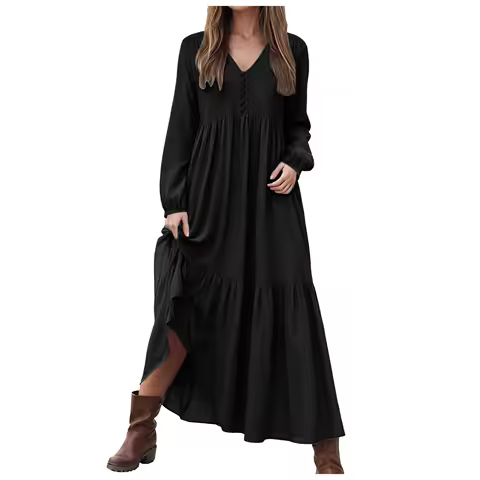 Pius Size V Neck Long Sleeve Long Dress Womens Casual Button Retro Loose Ruched Dress Solid Evening Party Dress Of Women