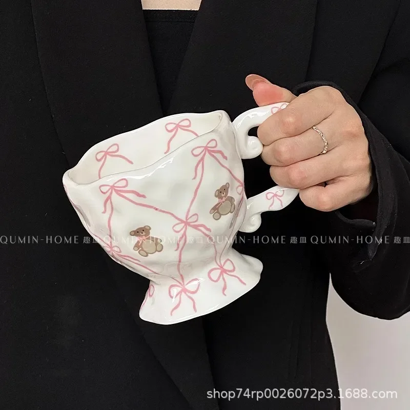 2Pcs bow bear mug tall coffee cup ceramic water cup ins wind milk cup annual meeting gift souvenir