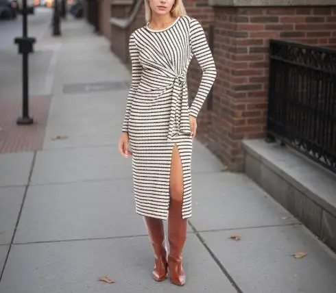 

Fashionable Classic Striped Printed Lace Up Waist Bag and Hip Skirt for Women, Slim Fit and Elegant Design, Long Sleeved Dress