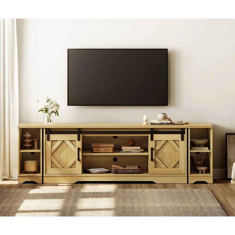 

Тумба под телевизор из натурального дуба 3-в-1 для телевизоров до 85 дюймов, высота 23,6 дюйма, с раздвижной дверцей и регулируемыми полками