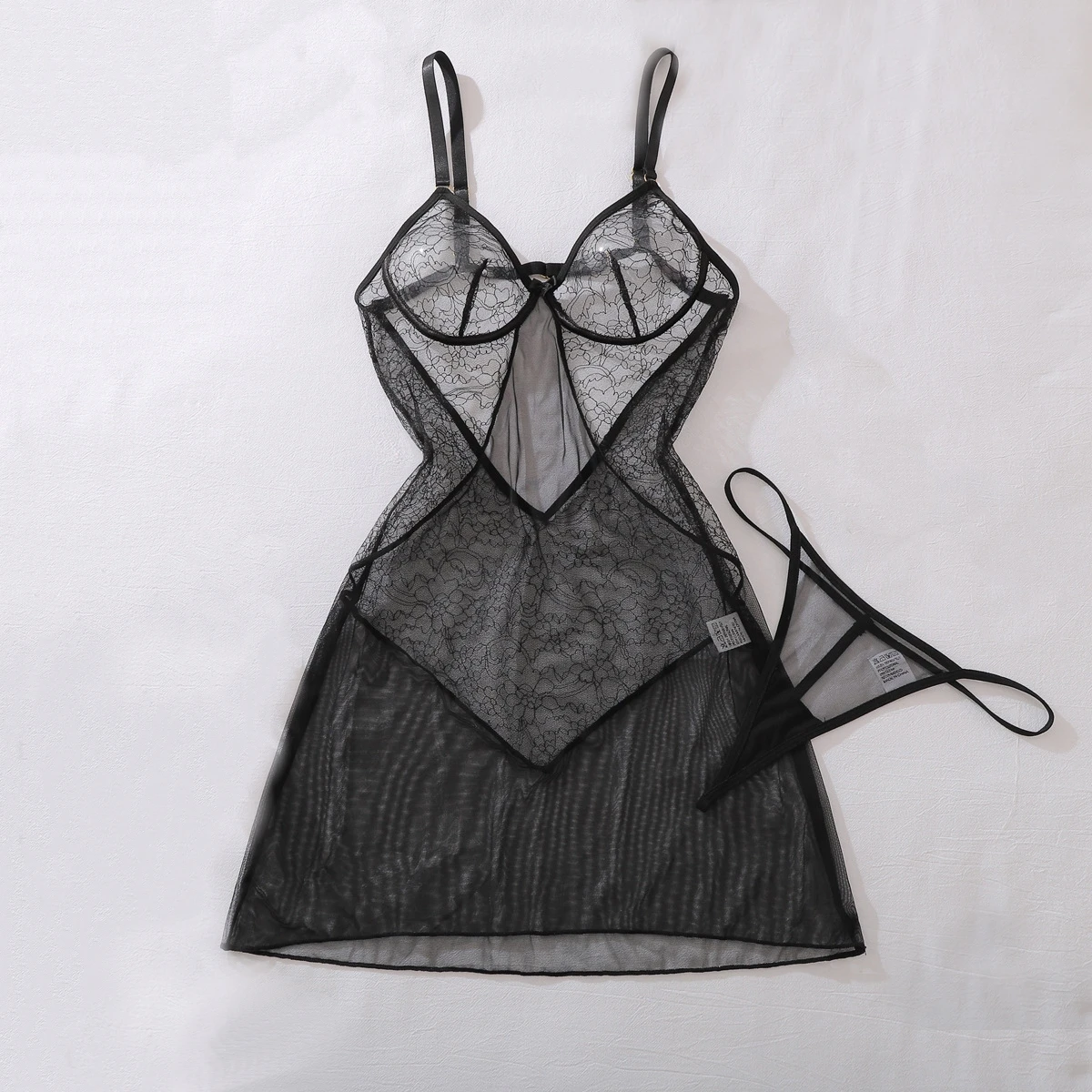 

Queen's Style Perspective Lace Exotic Dresses Suit Women's 2026 Fashion Sexy Mesh Hollowed Out Backless Strap Dress with Thongs