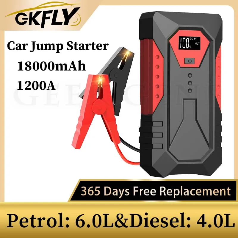 

GKFLY 12V Portable Car Jump Starter 18000mAh Auto Battery Booster Charger Car Emergency Booster 1200A Power Bank Starting Device