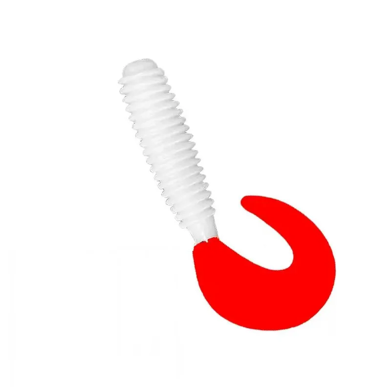 Señuelos blandos de pesca con rayas en espiral, aparejos de silicona Artificial, cuerpo blanco, cola roja, 50mm-70mm, lote de 5 a 10 unidades