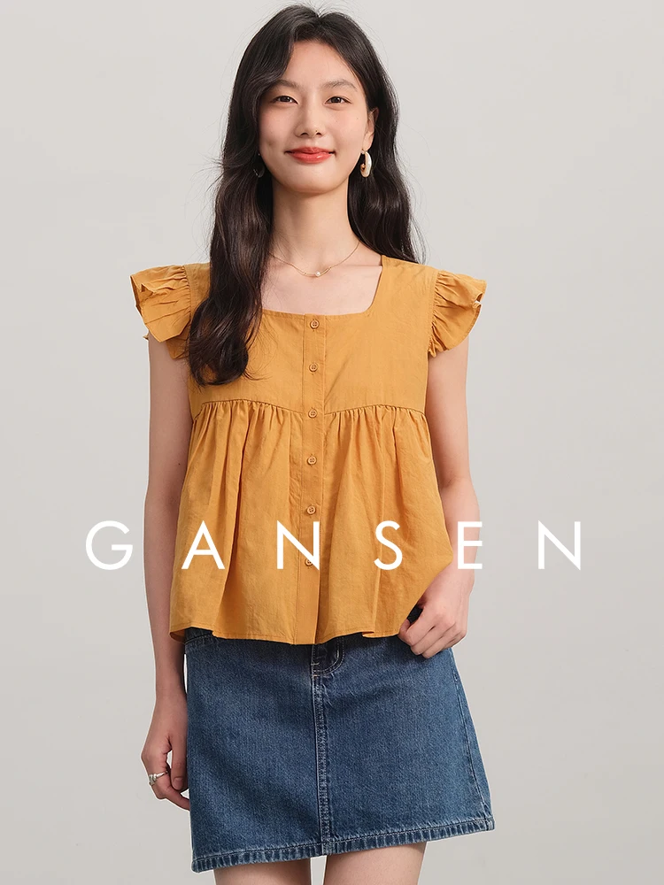 

Топ-майка Gansan Little Fly Sve с кружевной отделкой, шелковая, без рукавов, женская одежда, серия Gansan, простой повседневный стиль