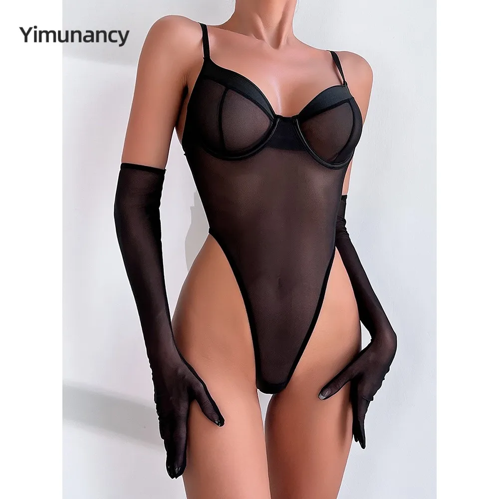 Yimunancy Sheer Mesh Bodysuit Women Patchwork High Cut Skinny Bodysuit Gloves Black Backless Club Body Femme