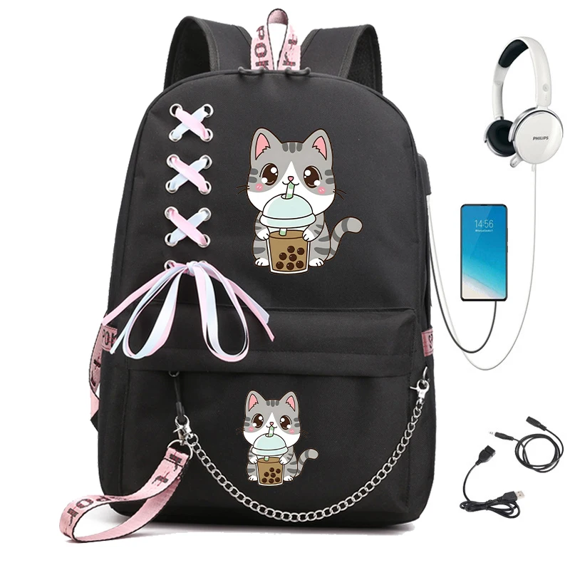 Tas ransel sekolah teh Boba kucing imut, tas ransel Laptop untuk pelajar, remaja, wanita, tas punggung sekolah, tas ransel Harajuku