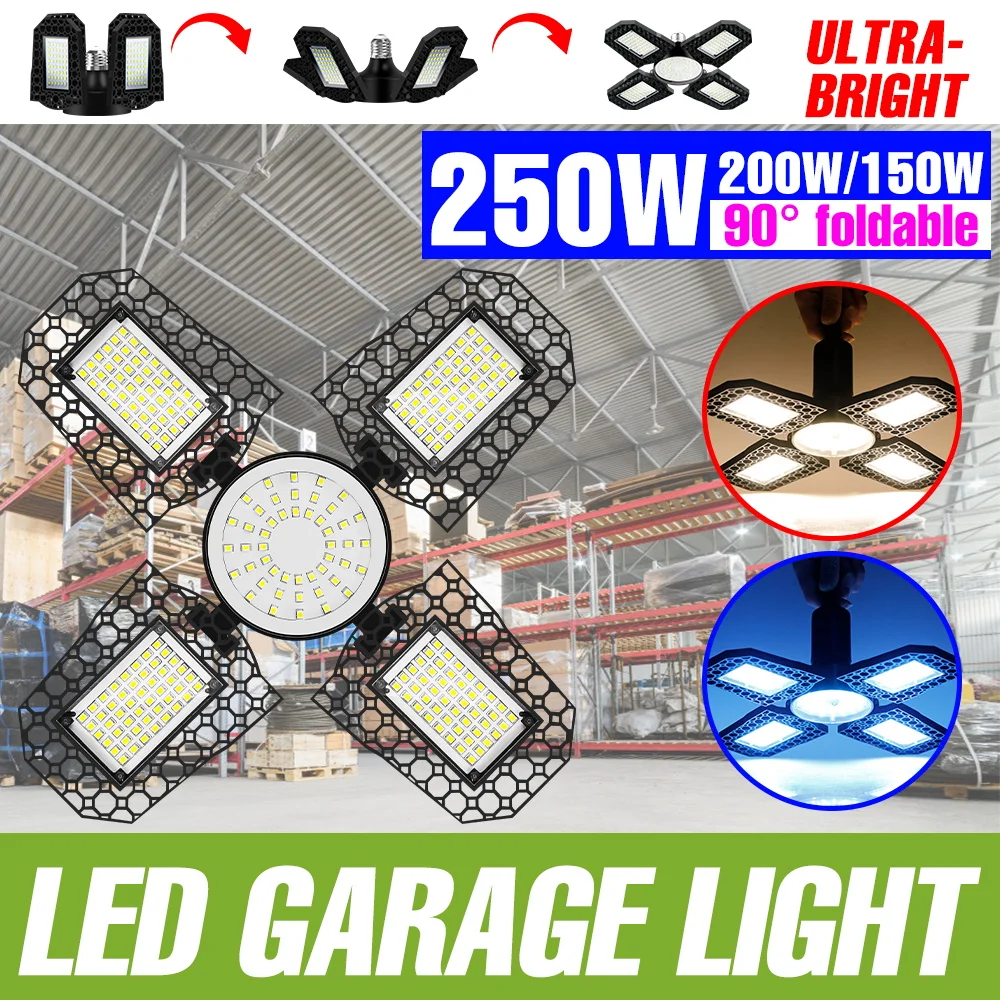 250W LED Workshop Lamp Bulb E27 Foldable Garage Light 220V/110V Spotlight Storehouse Basements Parking Lot Large Area Lighting