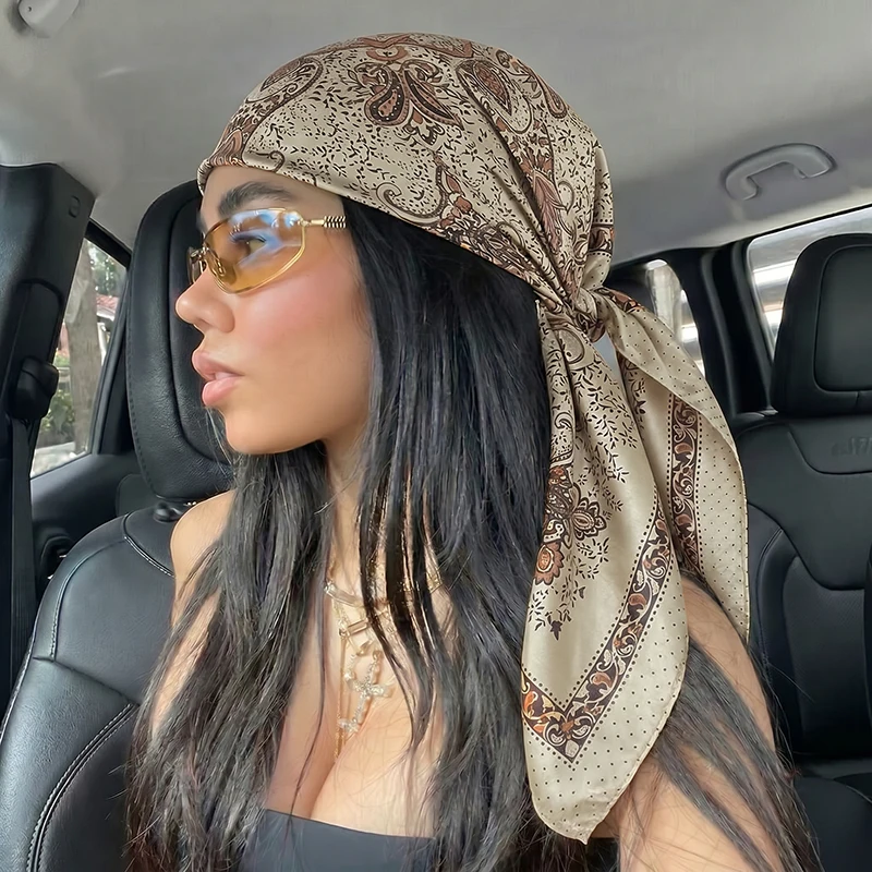 

Vintage Satin Square Scarf Classic Paisley Print Hijab Soft Bandana for Women Vacation Beach Headscarf Neck Wrap Hair Accessory